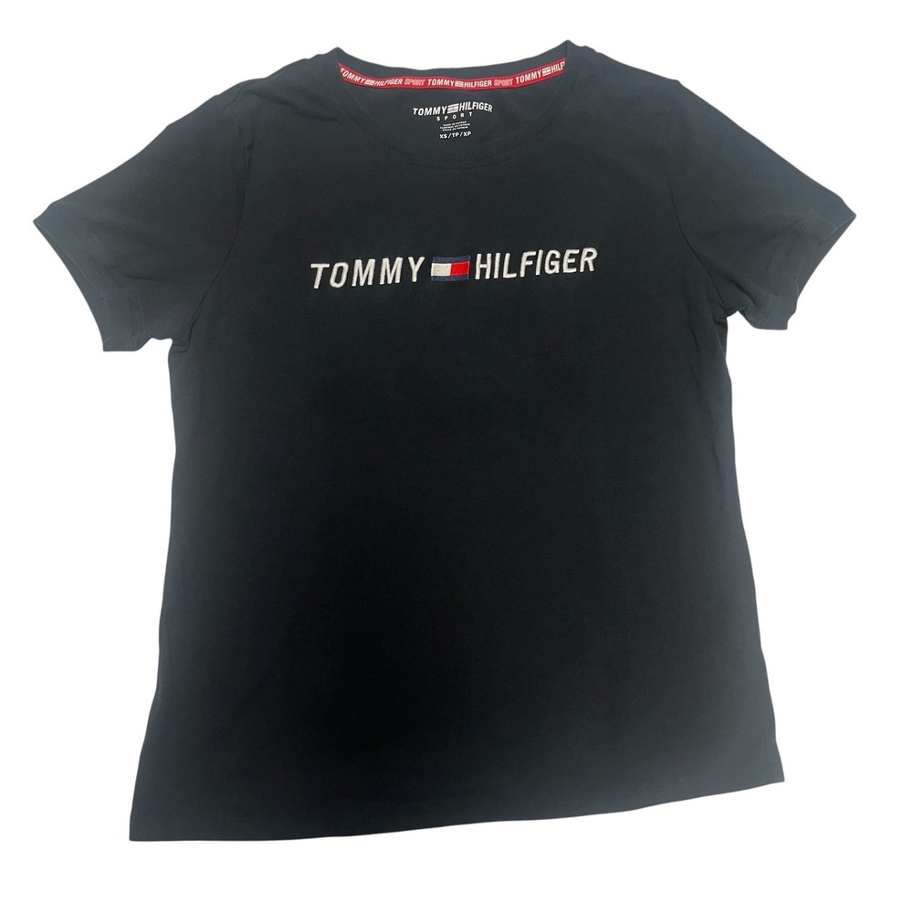 Tommy Hilfiger Womens Black Logo Embroidered Tee Size XS